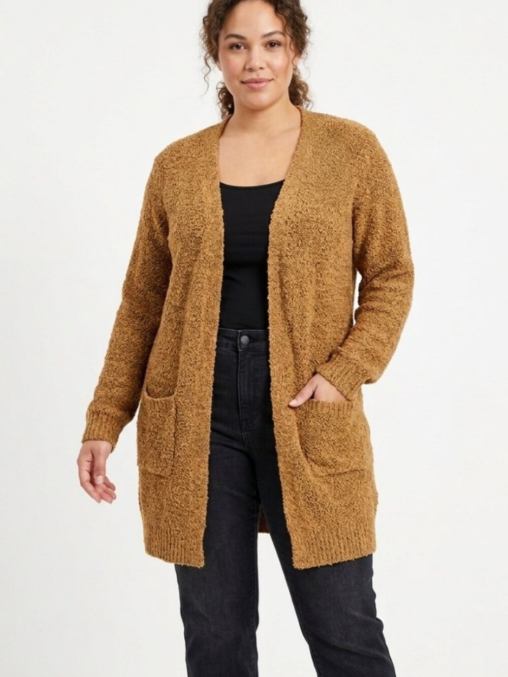 Love Ellie Golden Brown Open Front Popcorn Boucle Knit Longline Cardigan Sweater